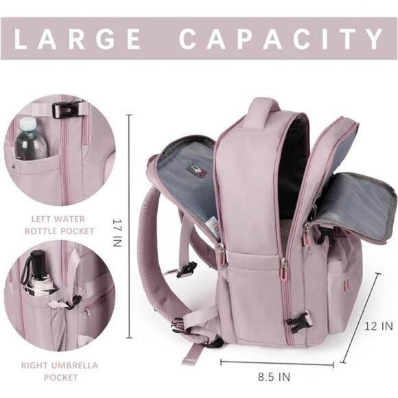 SHRRADOO Travel Laptop Backpack 17 Inch Airline Approved Work Hiking Bag Pink - Picture 3 of 8